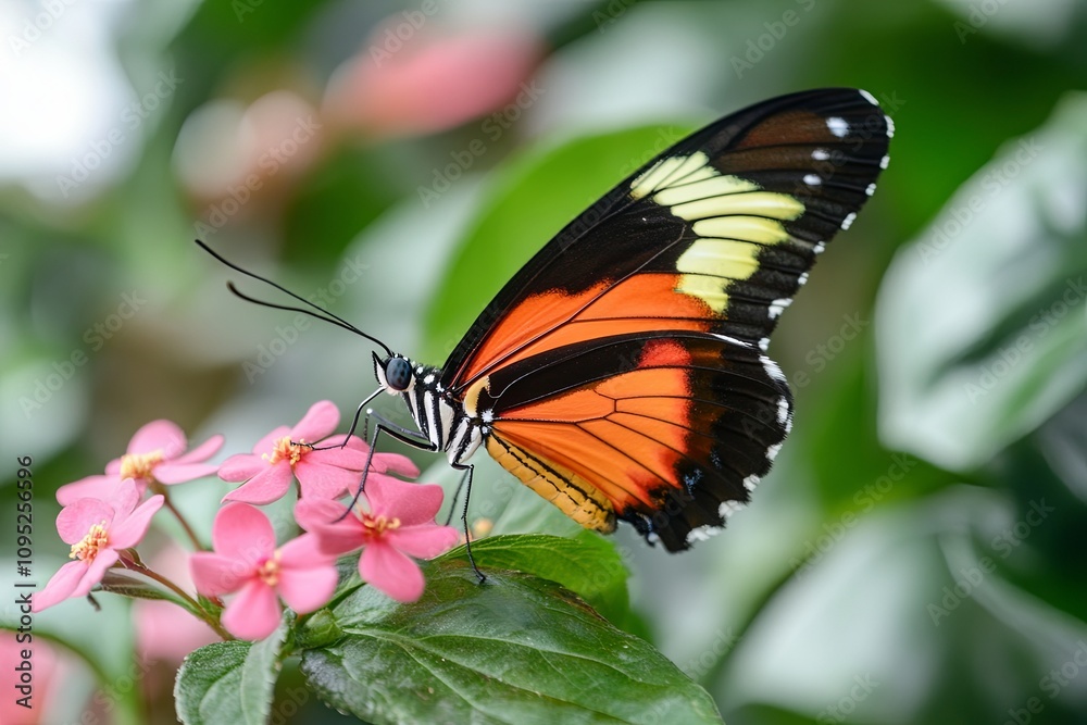 Fototapeta premium Butterfly pollinating pink flowers nature garden wildlife photography vibrant environment close-up view beauty of nature