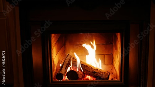 Wood logs burning in a brick fireplace with bright flames. 4k Video footage photo