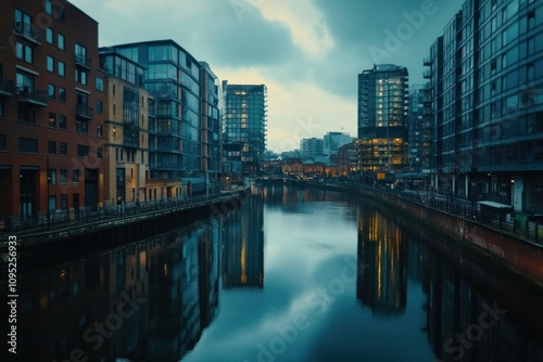Urban River Reflection at Dusk in City Landscape
