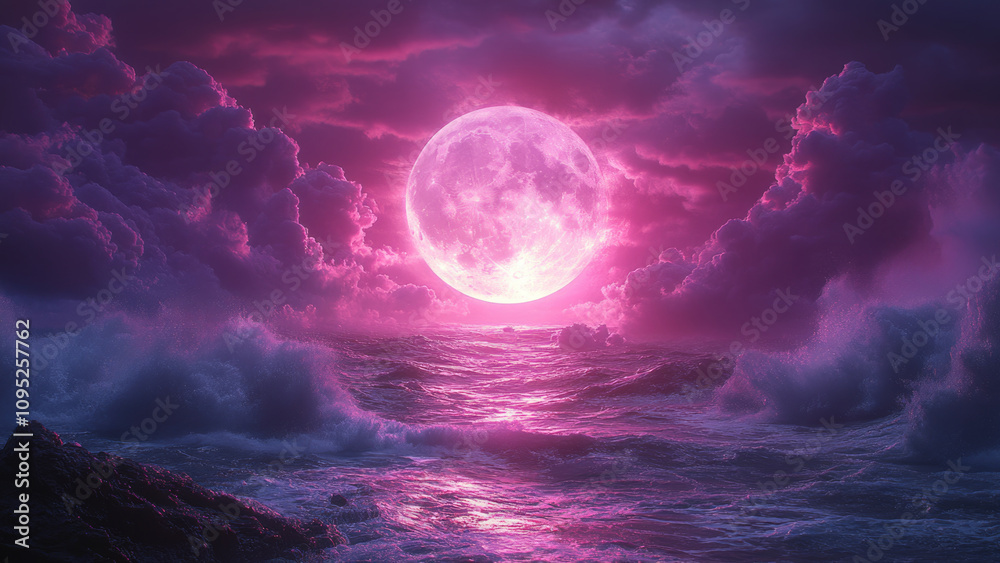 Mystical Pink Moon Over Dreamy Clouds in a Starry Sky Mystical Pink Moon Over Dreamy Clouds in a Starry Sky