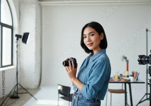 Confident young photographer holding a digital camera in a professional studio, ready for a photoshoot