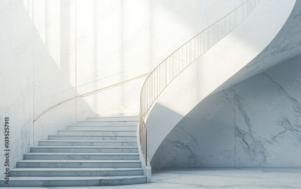 Obraz premium white staircase with marble steps and metal railings, high contrast