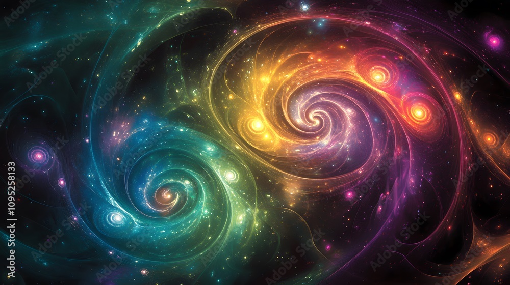 Obraz premium Iridescent fractal patterns on a black background, with swirling shapes and lines in shades of green, purple, blue, pink, yellow, and orange