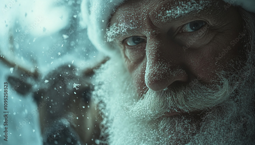 Santa Claus with a snowy background and reindeer in a wintery landscape during the holiday season. Christmas, Happy New Year Santa Claus with a snowy background and reindeer in a wintery landscape during the holiday season. Christmas, Happy New Year
