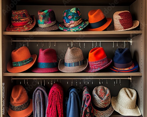 Colorful collection of hats displayed on shelves boutique fashion accessories indoor close-up view style inspiration photo