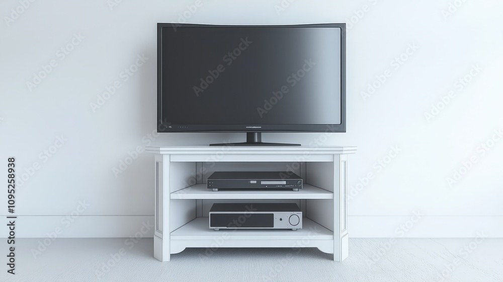 Modern living room with flat screen tv on white stand in minimalist interior design Modern living room with flat screen tv on white stand in minimalist interior design