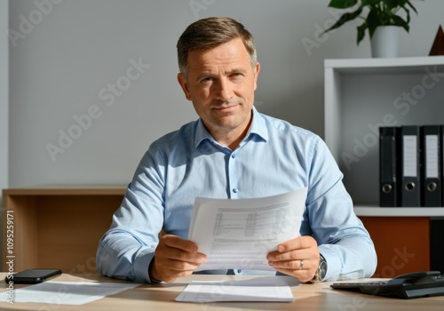 Mature professional analyzing paperwork, demonstrating expertise and focus in corporate setting