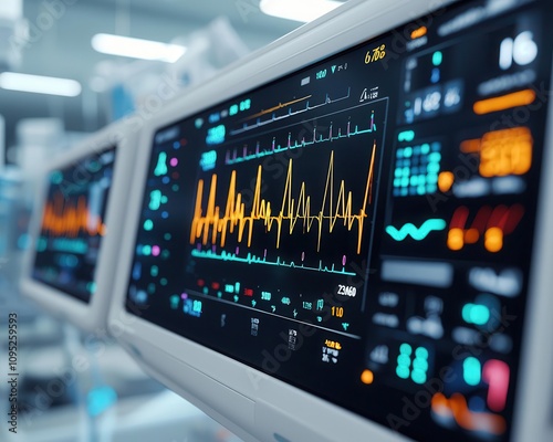 Advanced ICU monitoring systems tracking patient vitals, realtime data improving hospital efficiency