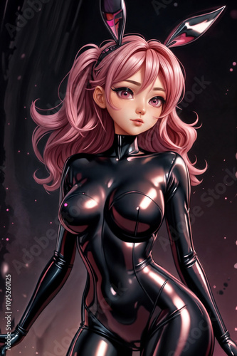 Confident Pink-Haired Anime Waifu in black Latex bodysuit & bunny ears
