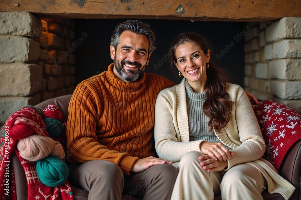 Middle Eastern couple sitting in cozy rustic nook surrounded by colorful wool Middle Eastern couple sitting in cozy rustic nook surrounded by colorful wool