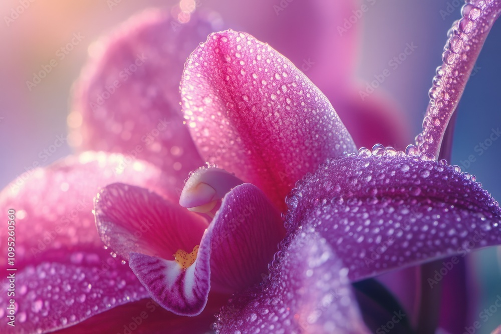 Vibrant Pink Orchid with Dew Drops in Soft Light Vibrant Pink Orchid with Dew Drops in Soft Light