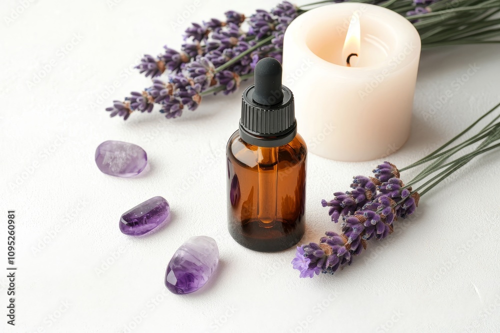 Lavender Essential Oil Still Life Amber Bottle, Amethyst Crystals, Candle, Flatlay, White Background, Aromatherapy Aromatherapy, essential oils Lavender Essential Oil Still Life Amber Bottle, Amethyst Crystals, Candle, Flatlay, White Background, Aromatherapy Aromatherapy, essential oils