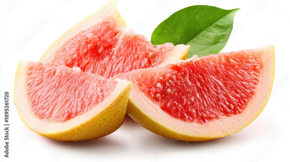 Experience the Fresh and Vibrant Allure of Juicy Fruit Slices With Green Leaves on a White Backdrop Experience the Fresh and Vibrant Allure of Juicy Fruit Slices With Green Leaves on a White Backdrop