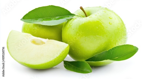 Wallpaper Mural Fresh Green Apple With Sliced Piece and Vibrant Leaves on White Background Torontodigital.ca