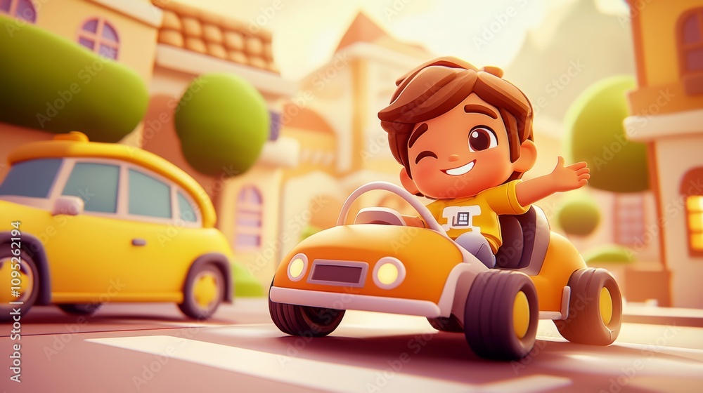 AI in Autonomous Vehicles Pastel colored 3D cartoon style illustration.