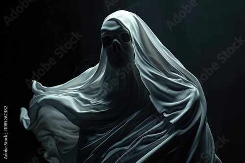 A ghostly figure shrouded in flowing white fabric, skulllike face barely visible in the dark. photo