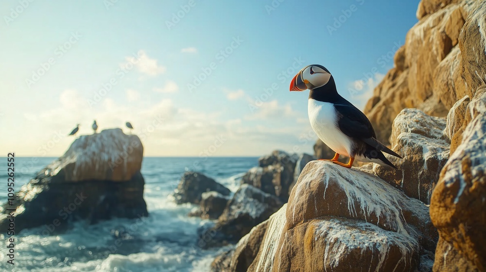 Fototapeta premium Atlantic Puffin or Common Puffin Standing on Rock Cliff with Ocean View, Icelandic Animal