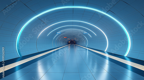 A futuristic and minimalist subway tunnel illuminated by neon lights. Perfect for sci-fi and cyberpunk themes.