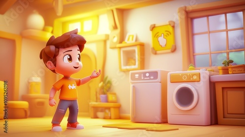AI in Smart Homes Pastel colored 3D cartoon style illustration.