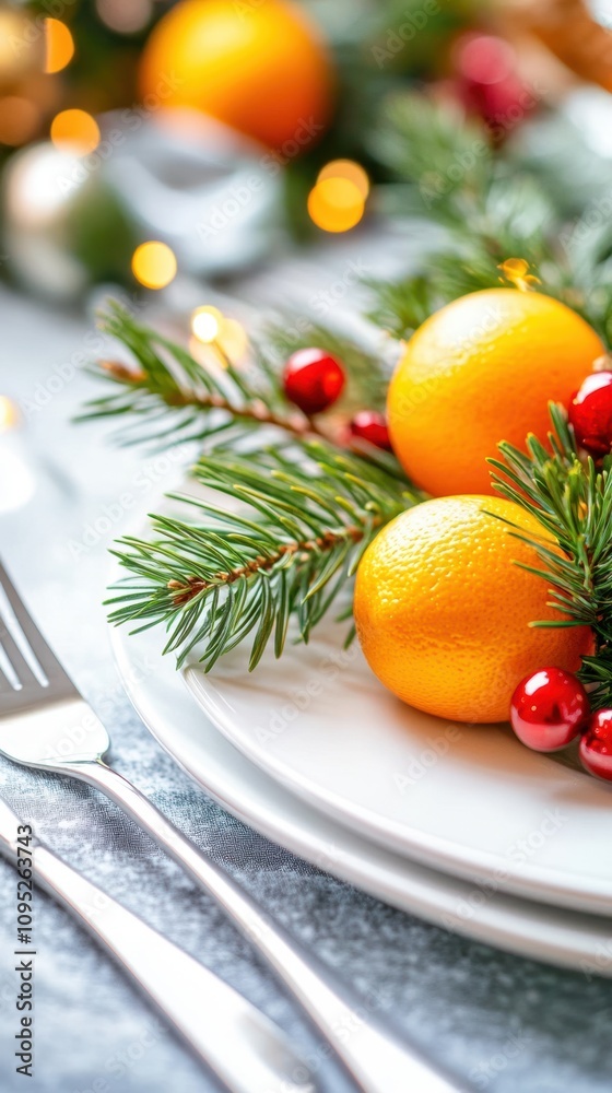 Festive Dinner Table Adorned With Biodegradable Decor and Fresh Evergreen Accents Festive Dinner Table Adorned With Biodegradable Decor and Fresh Evergreen Accents