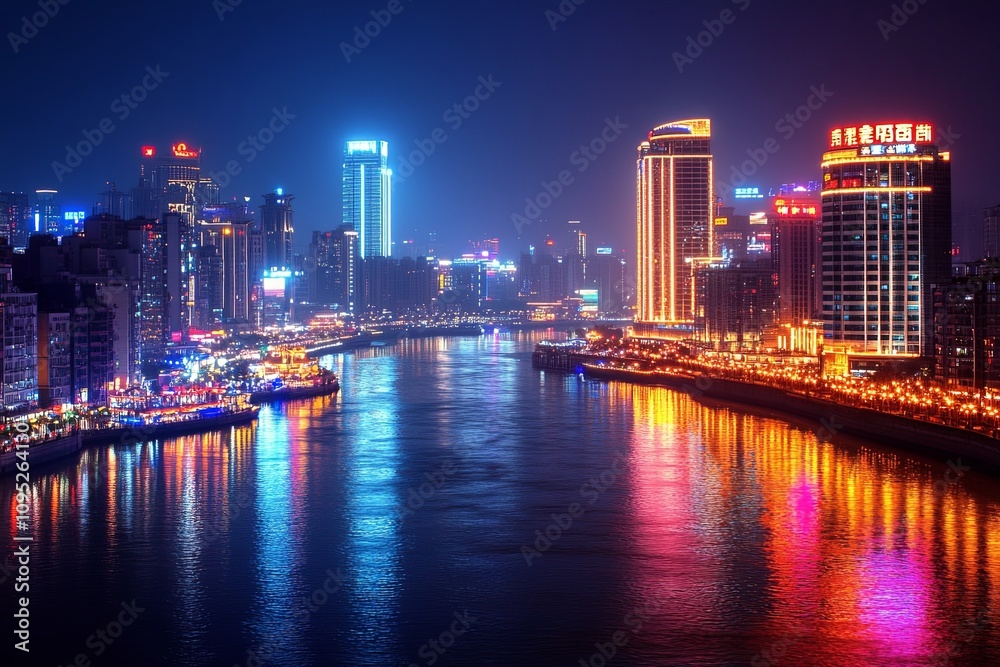 Obraz premium Nighttime river view city skyline urban landscape vibrant lights aesthetic perspective modern vibes