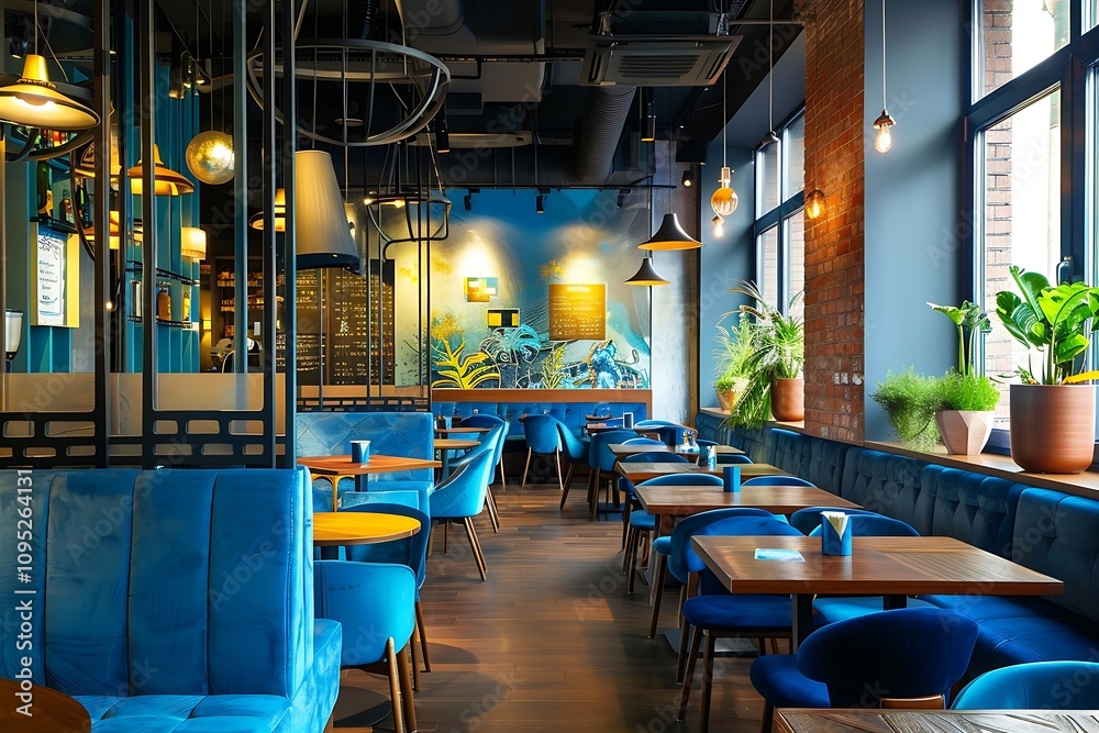 Fototapeta premium Interior of a restaurant with tables and chairs, shallow depth of field