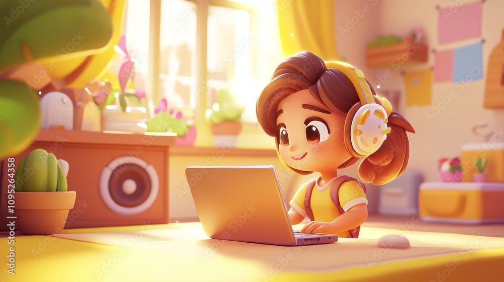AI in Music Composition Pastel colored 3D cartoon style illustration.