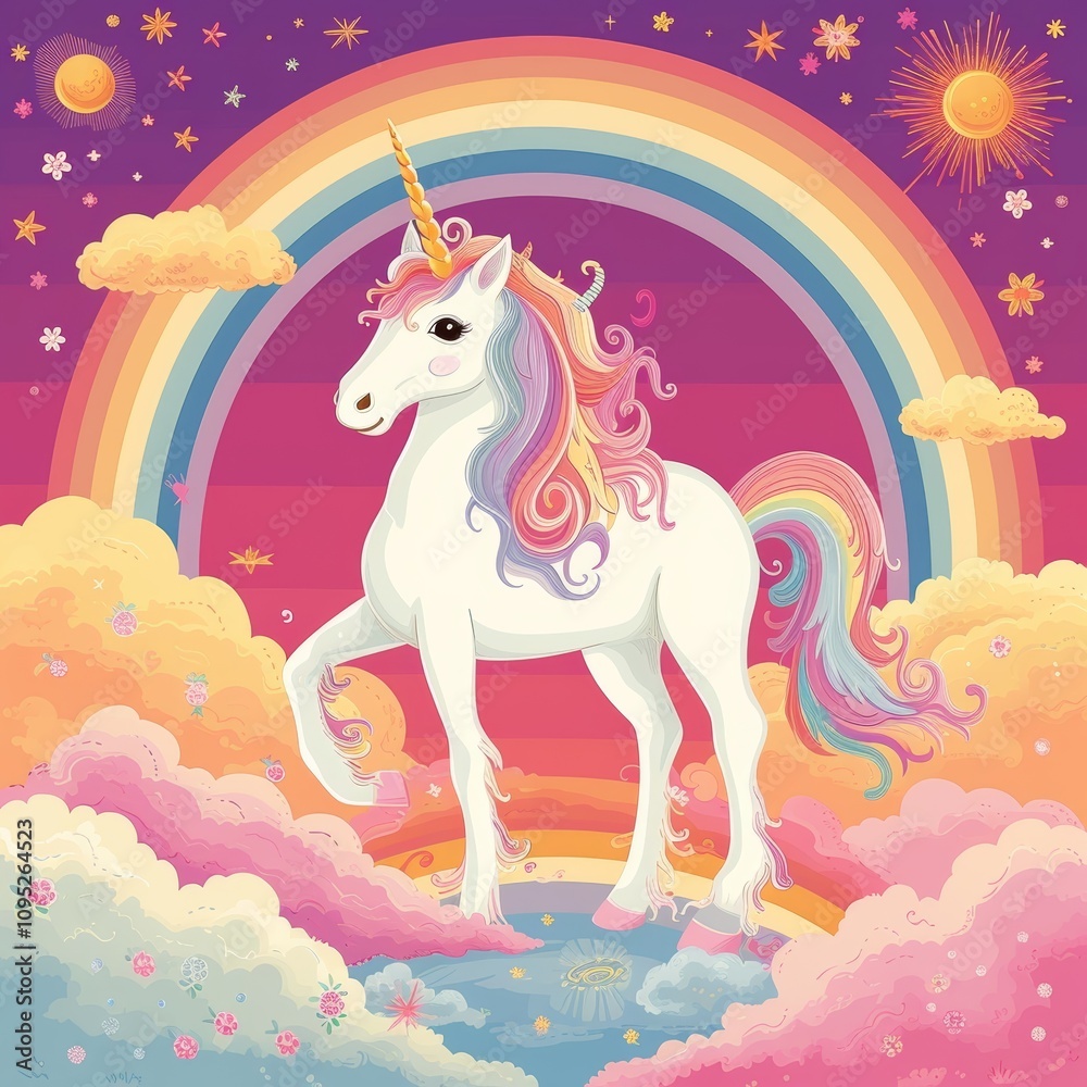 Unicorn and rainbow illustration, Generative AI Unicorn and rainbow illustration, Generative AI