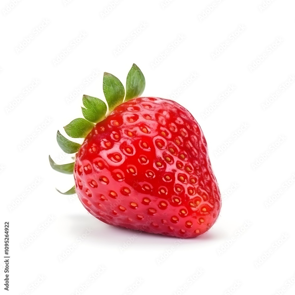 Bright red strawberry with green leaves on white background