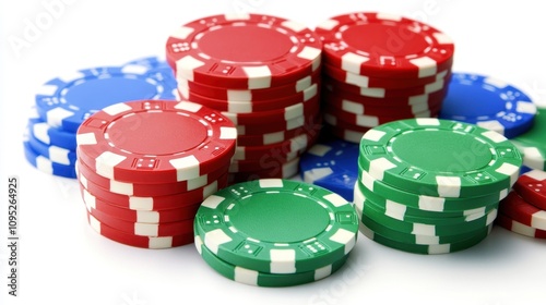 Colorful Poker Chips Stacked High on a Vibrant Casino Table Ready for an Exciting Game Night