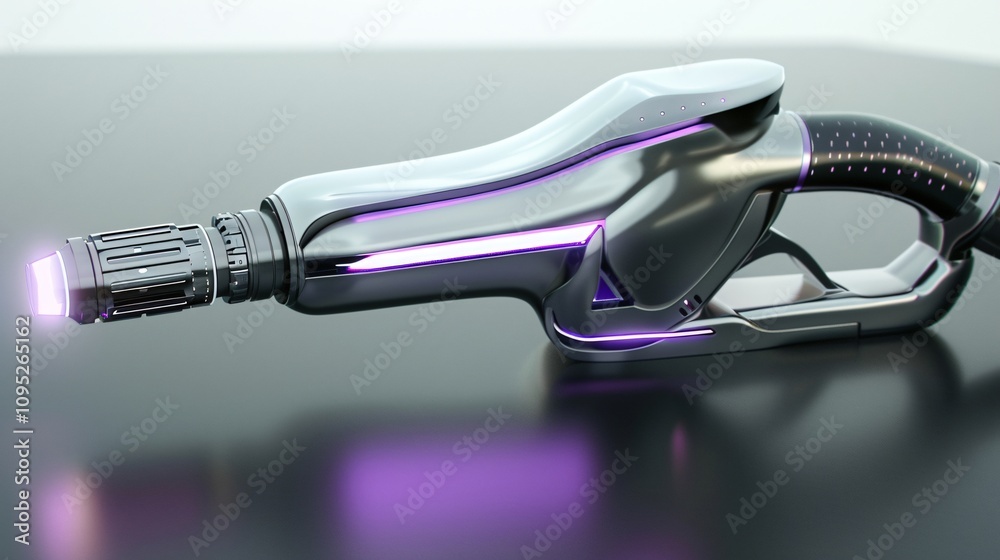 A sleek and stylish futuristic sci fi energy blaster gun like device with glowing purple neon lights and buttons on a dark minimalist studio background A sleek and stylish futuristic sci fi energy blaster gun like device with glowing purple neon lights and buttons on a dark minimalist studio background