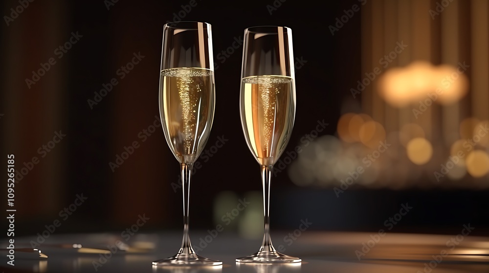 Two sparkling champagne glasses on elegant candlelit table Two sparkling champagne glasses on elegant candlelit table