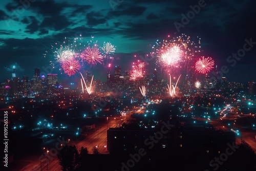 Colorful Fireworks Over City Skyline at Night