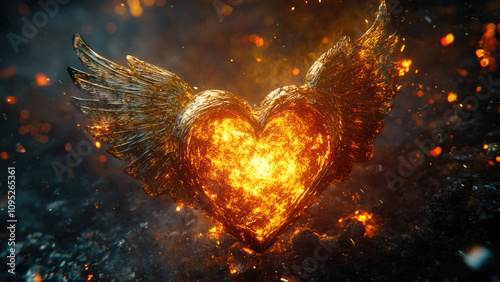 Fiery Heart with Glowing Wings in a Burst of Flames and Sparks photo