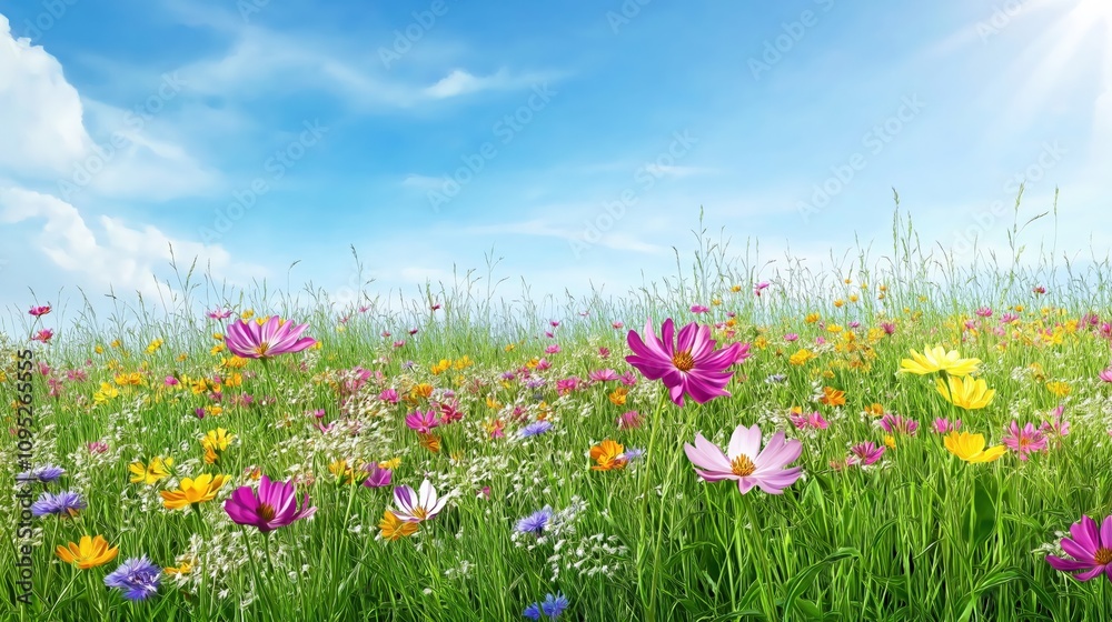 Colorful Wildflower Meadow Blooms in Springtime Under a Clear Blue Sky Colorful Wildflower Meadow Blooms in Springtime Under a Clear Blue Sky