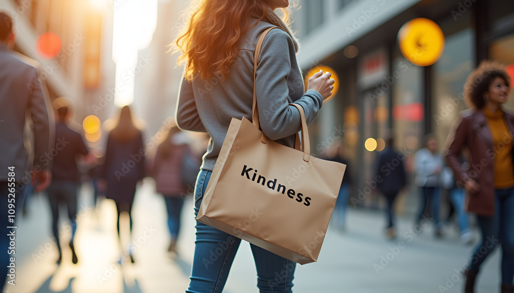 Obraz premium Casual woman holding beige tote bag with kindness inscription in bustling city street