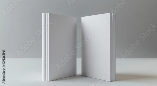 3D book mockup template featuring two white books standing upright on the left and right, with blank covers.