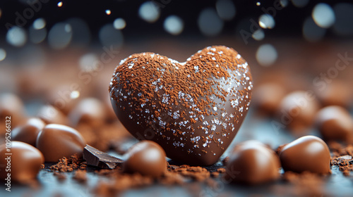 Heart-shaped chocolate with cocoa dusting sits among scattered chocolates on a textured surface. Concept of indulgence and delight. For Valentine's Day themes photo