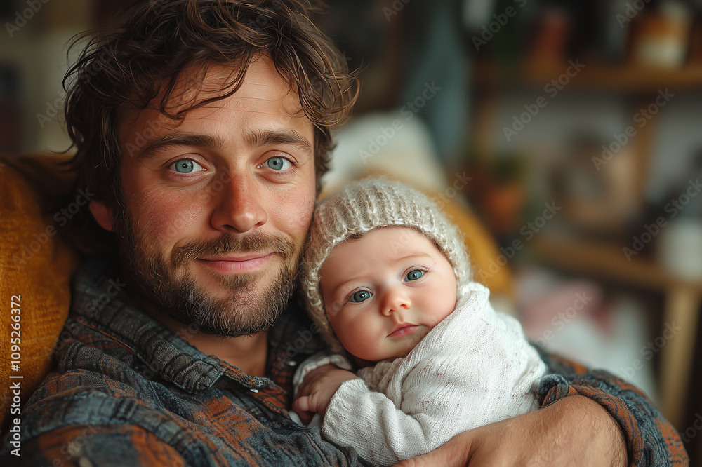 A man holds a baby in his arms while sitting in a chair in a cozy home atmosphere. Symbols of warmth, care and closeness of family relationships. Paternal activity. Emotional connection. A man holds a baby in his arms while sitting in a chair in a cozy home atmosphere. Symbols of warmth, care and closeness of family relationships. Paternal activity. Emotional connection.