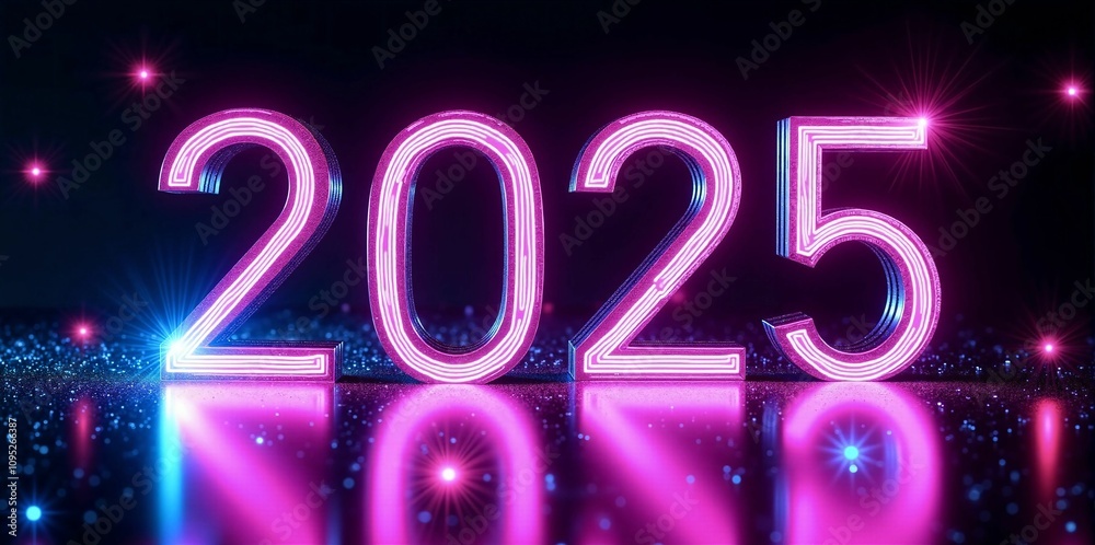 Glowing Neon '2025' Text Design with Sparkling Effects and Reflections on a Dark Background Glowing Neon '2025' Text Design with Sparkling Effects and Reflections on a Dark Background