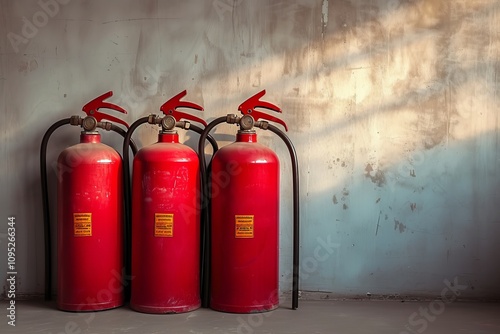 Wallpaper Mural Four red fire extinguishers near grey wall, Generative AI Torontodigital.ca