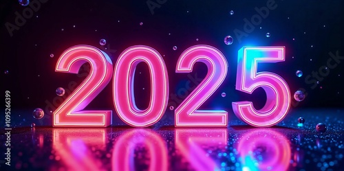 Glowing Neon '2025' Text Design with Sparkling Effects and Reflections on a Dark Background photo