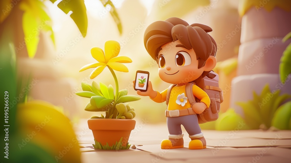 AI Plant Identification App Pastel colored 3D cartoon style illustration.