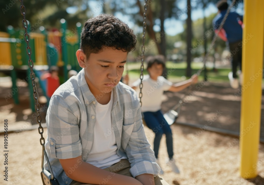 Obraz premium Sad preteen boy sitting alone on a swing in playground while other children play