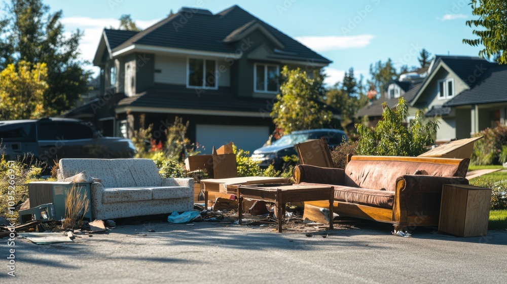 Fototapeta premium Damaged Furniture, Curbside Disposal, Residential Street, Sunny Day