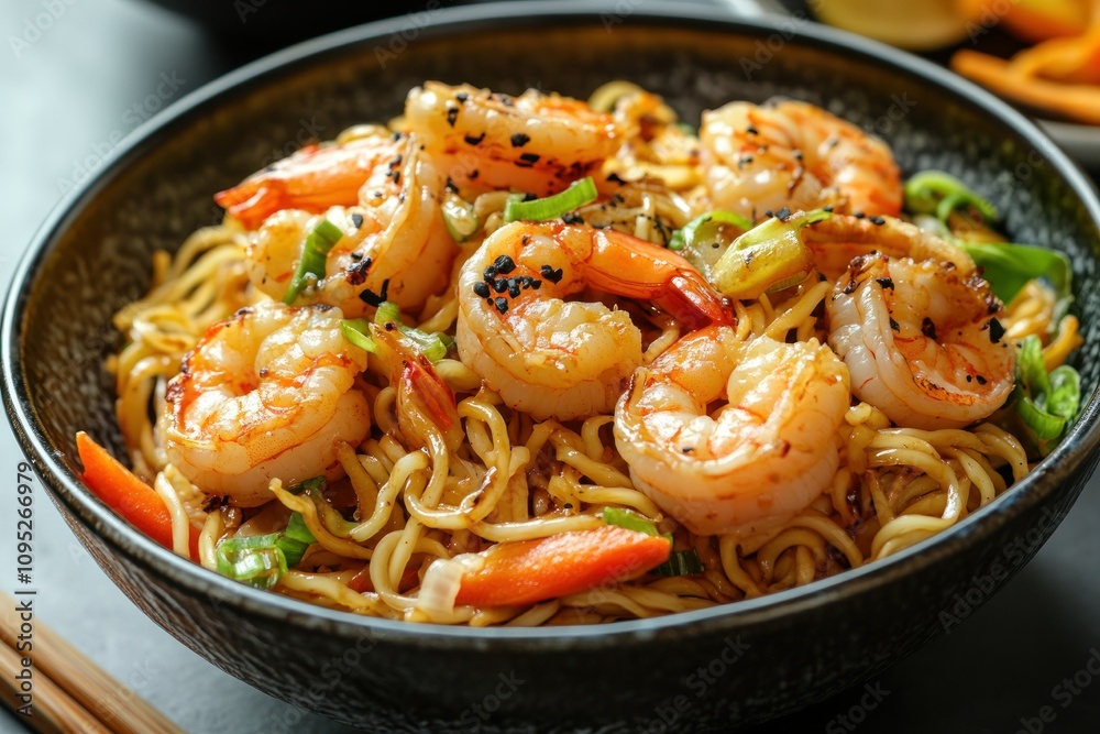 Delicious Shrimp Noodles in Black Bowl Delicious Shrimp Noodles in Black Bowl