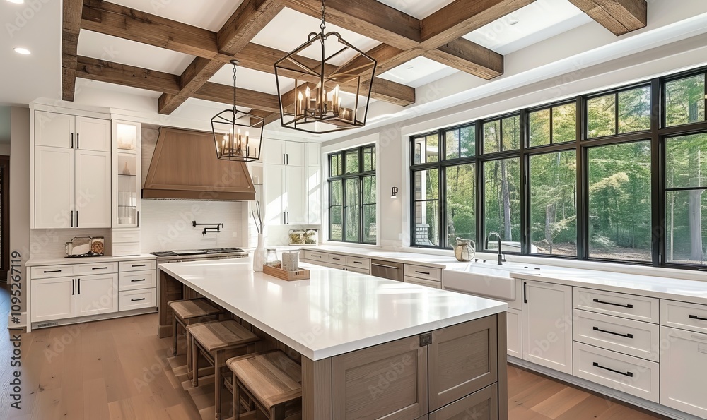 Traditional kitchen in beautiful new luxury home with hardwood floors, wood beams, and large island quartz counters. Includes farmhouse sink, elegant pendant lights, and large, Generative AI Traditional kitchen in beautiful new luxury home with hardwood floors, wood beams, and large island quartz counters. Includes farmhouse sink, elegant pendant lights, and large, Generative AI