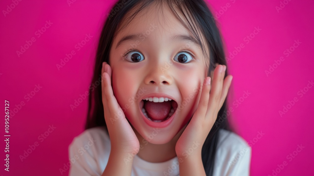 Surprised Asian Girl, Pink Background, Wide Eyes, Open Mouth, Hands on Cheeks, Child Portrait, Happy