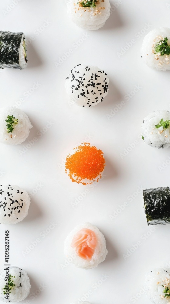 Fototapeta premium 料理デザインのための、航空写真付きの白くてきれいな背景にミニマリストな寿司のアレンジメント