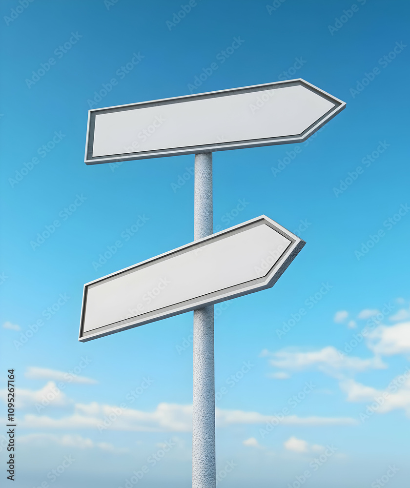 Clear Rendering of Two Blank Road Signs on a Pole Under a Bright Blue Sky, Ideal for Navigation or Directional Guidance Visuals Clear Rendering of Two Blank Road Signs on a Pole Under a Bright Blue Sky, Ideal for Navigation or Directional Guidance Visuals